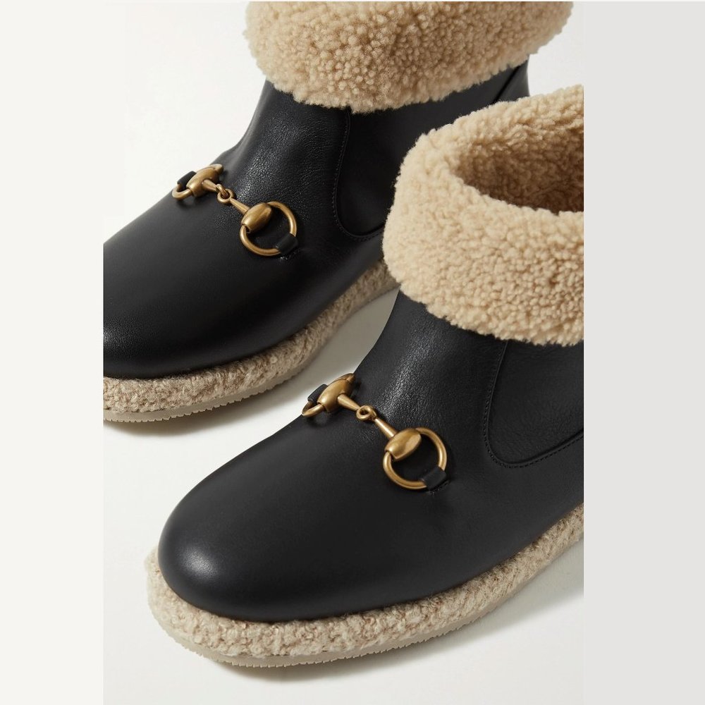 Gucci Boots Fria Horsebit Leather Ankle Boots With Shearling Trim